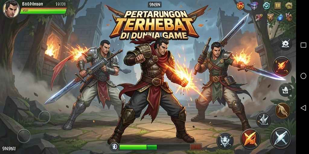 Screenshot gameplay dari 9N9N yang menampilkan pertarungan seru antar karakter.