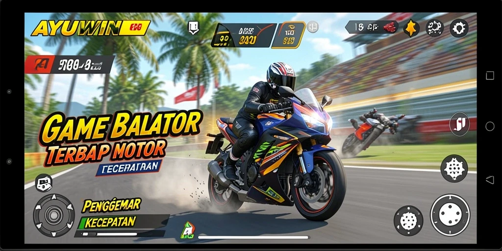 Tampilan gameplay balap motor AYUWIN yang mendebarkan dan cepat.