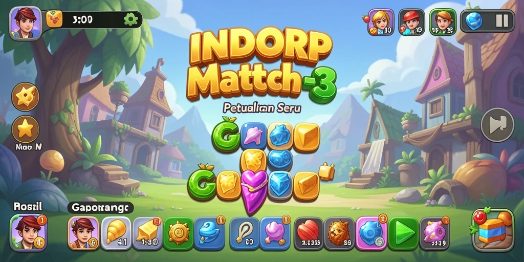 Tampilan gameplay INDORP dengan karakter dan level Match-3 yang menarik.