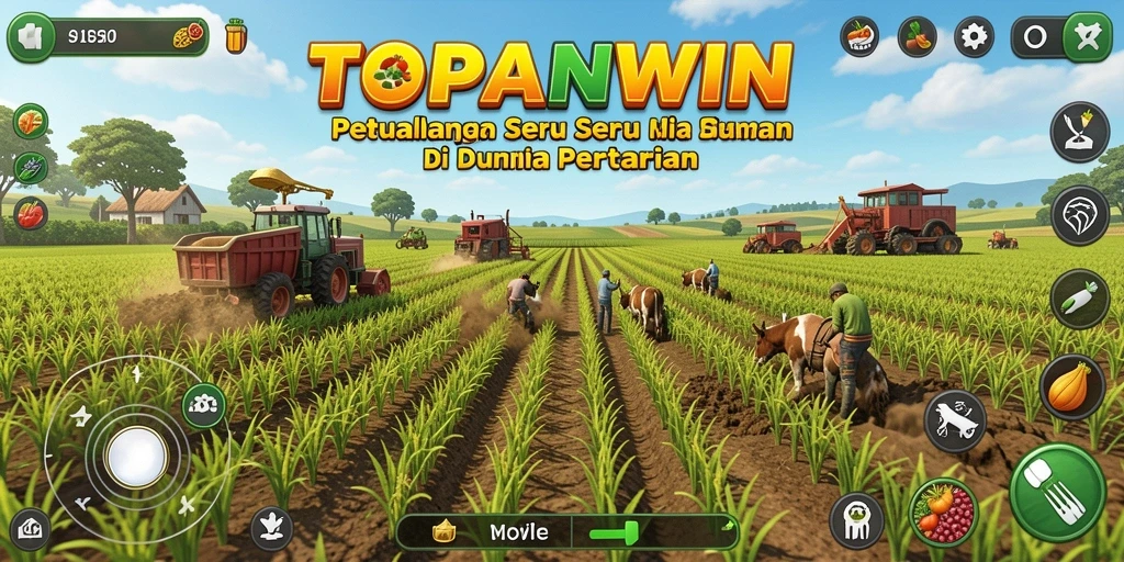 Screenshot utama TOPANWIN menampilkan pengelolaan pertanian yang ramai dan berwarna-warni.
